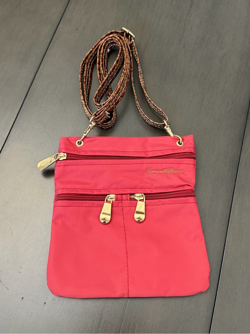 Samantha Brown 8" Pink Nylon Crossbody Bag Removable Croc Embossed Strap
